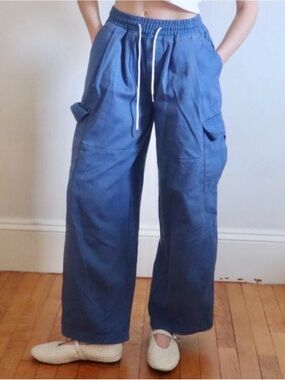 BDG Navy Blue Wide-Leg Cotton Joggers with Drawstring